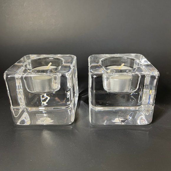 Orrefors Sweden Crystal Glass Ice Cube Votives 2 Piece Set MCM - Picture 1 of 11